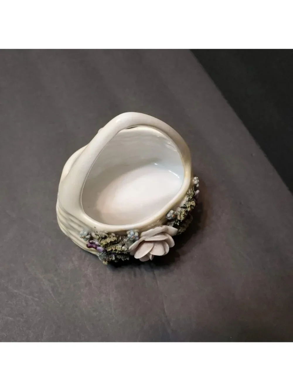 Vintage German Elfinware Porcelain Basket Mossware Miniature Floral Trinket Dish